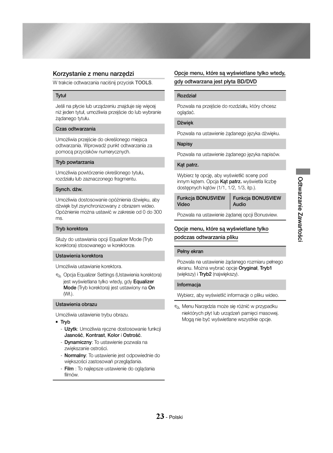 Samsung HT-J4500/EN, HT-J4550/EN, HT-J4530/EN manual Korzystanie z menu narzędzi 