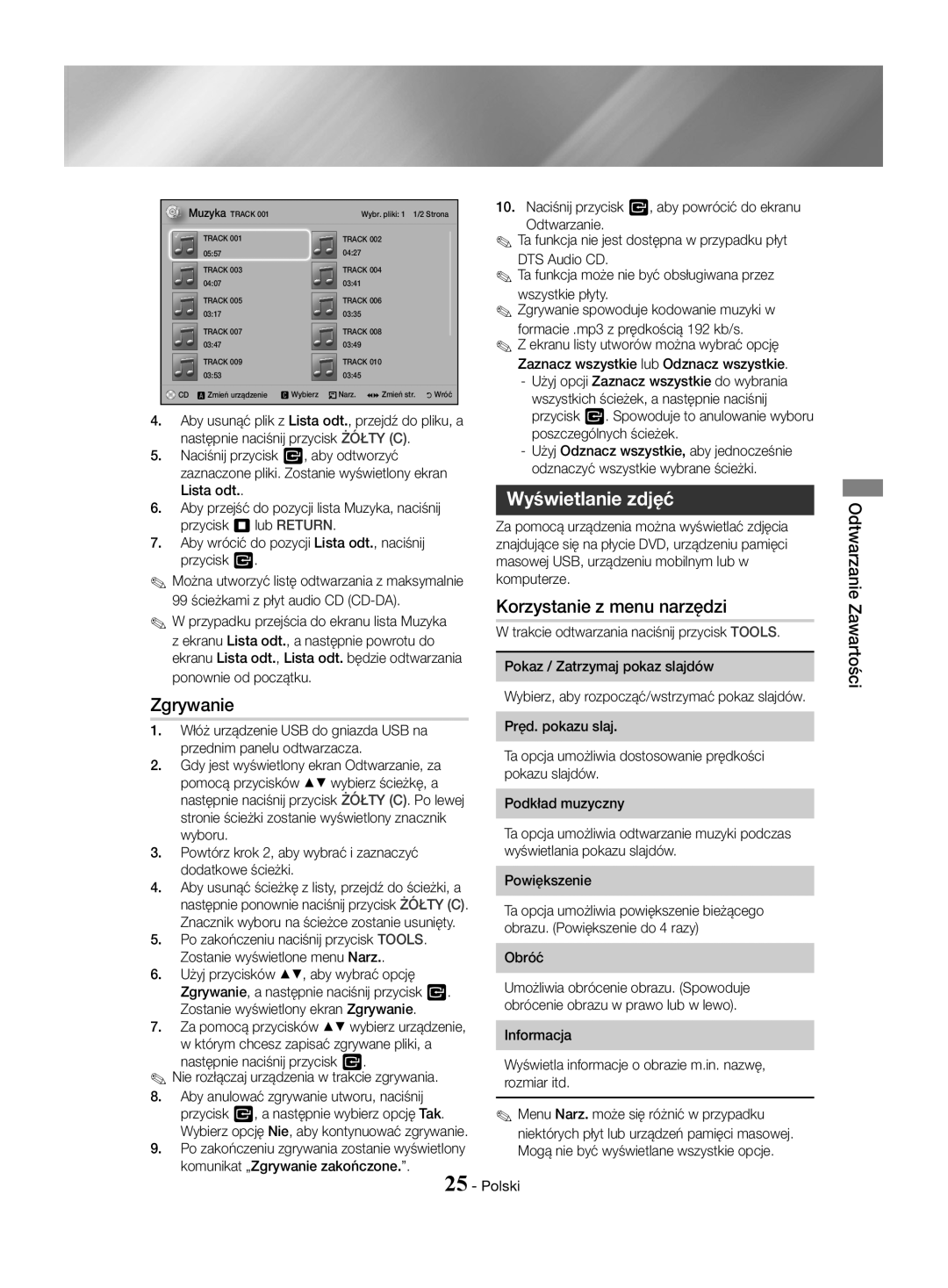 Samsung HT-J4530/EN, HT-J4550/EN, HT-J4500/EN manual Zgrywanie, Wyświetlanie zdjęć, Obróć 