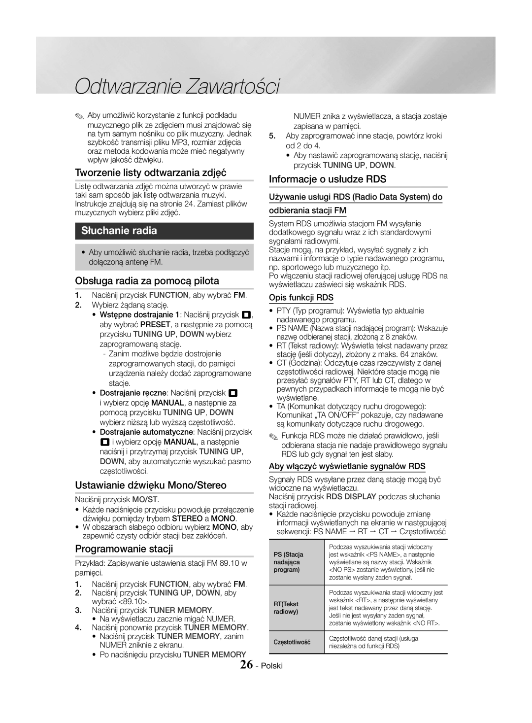 Samsung HT-J4500/EN manual Tworzenie listy odtwarzania zdjęć, Informacje o usłudze RDS, Obsługa radia za pomocą pilota 