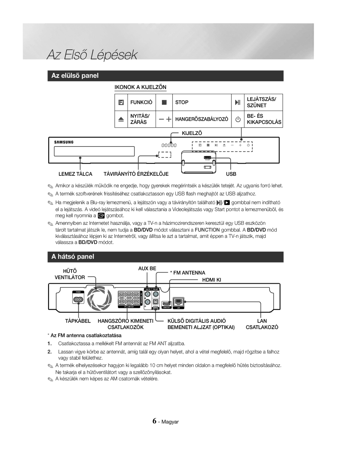 Samsung HT-J4530/EN, HT-J4550/EN, HT-J4500/EN manual Az elülső panel, Hátsó panel, Ikonok a Kijelzőn 