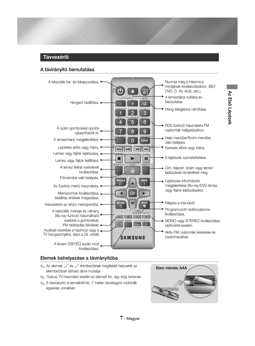 Samsung HT-J4500/EN, HT-J4550/EN manual Távvezérlő, Távirányító bemutatása, Elemek behelyezése a távirányítóba, Első Lépések 