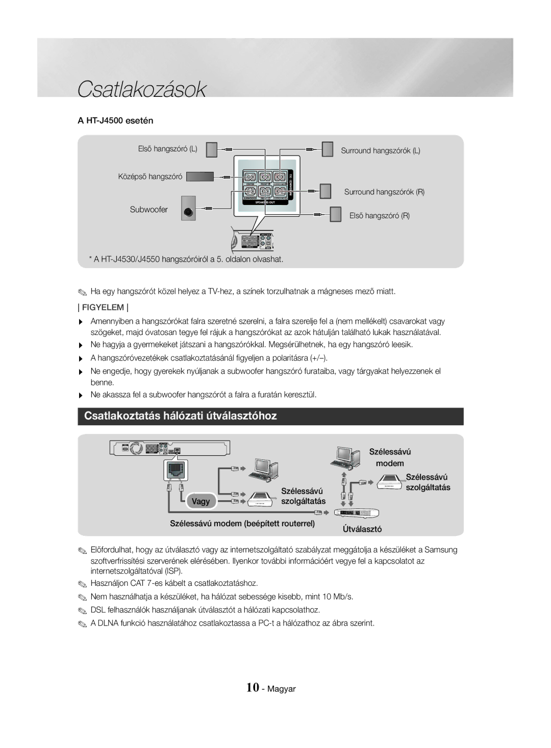 Samsung HT-J4500/EN, HT-J4550/EN, HT-J4530/EN manual Csatlakoztatás hálózati útválasztóhoz, HT-J4500 esetén, Szélessávú Vagy 