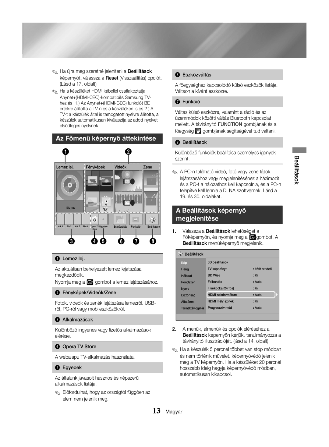 Samsung HT-J4500/EN, HT-J4550/EN, HT-J4530/EN manual Az Főmenü képernyő áttekintése, Beállítások képernyő megjelenítése 