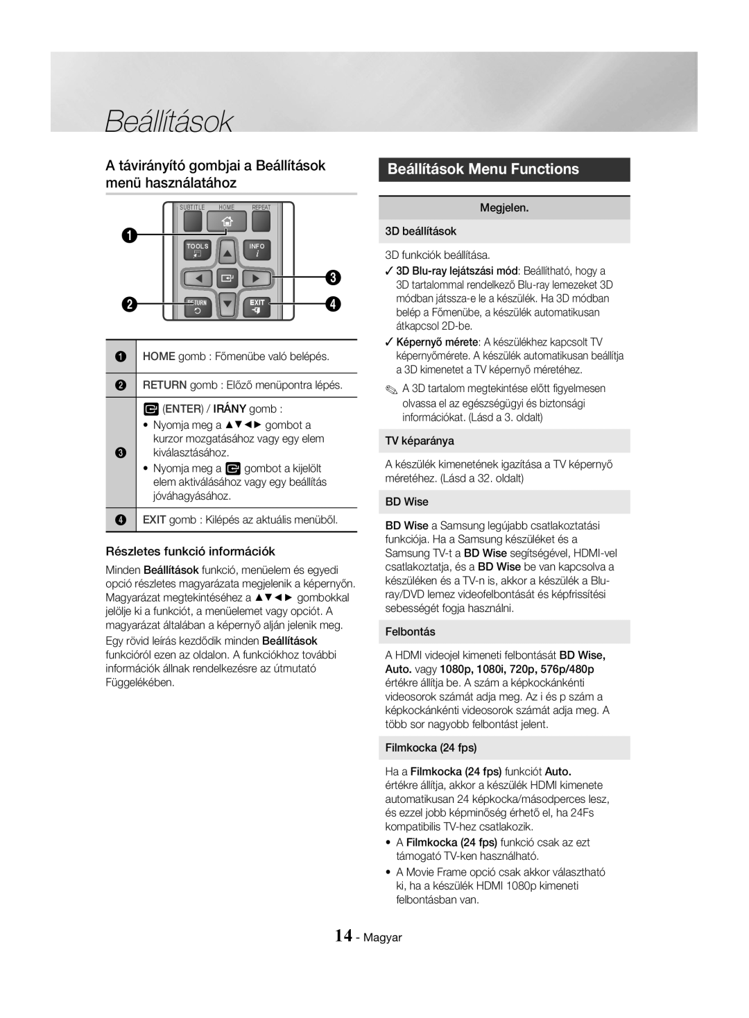 Samsung HT-J4550/EN, HT-J4530/EN manual Távirányító gombjai a Beállítások menü használatához, Beállítások Menu Functions 