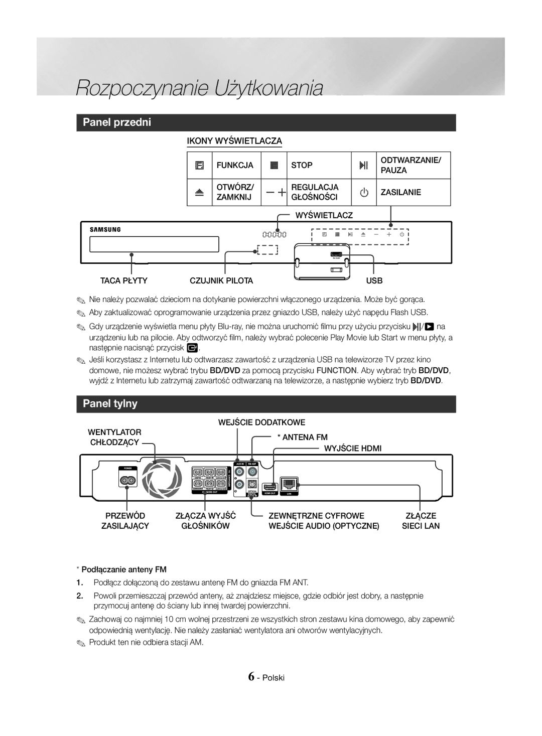 Samsung HT-J4550/EN, HT-J4530/EN, HT-J4500/EN manual Panel przedni, Panel tylny, Ikony Wyświetlacza 