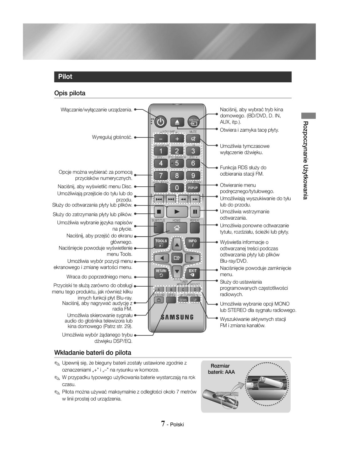 Samsung HT-J4530/EN, HT-J4550/EN, HT-J4500/EN manual Pilot, Opis pilota, Wkładanie baterii do pilota 