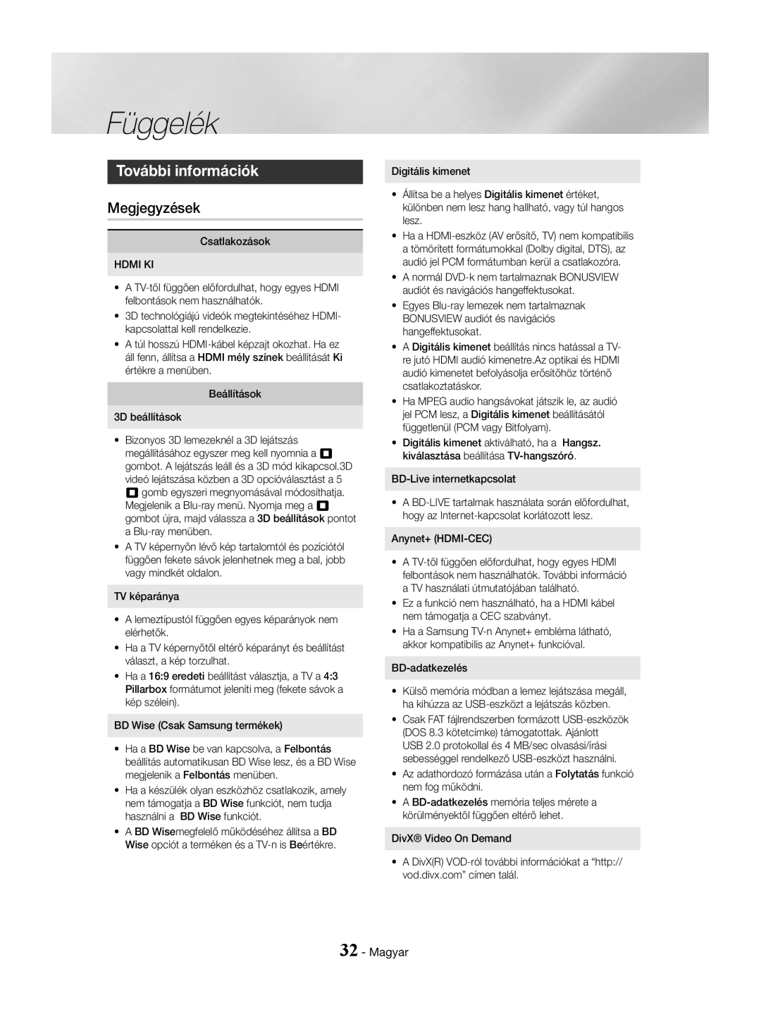 Samsung HT-J4550/EN, HT-J4530/EN, HT-J4500/EN manual Függelék, További információk, Megjegyzések, Hdmi KI 