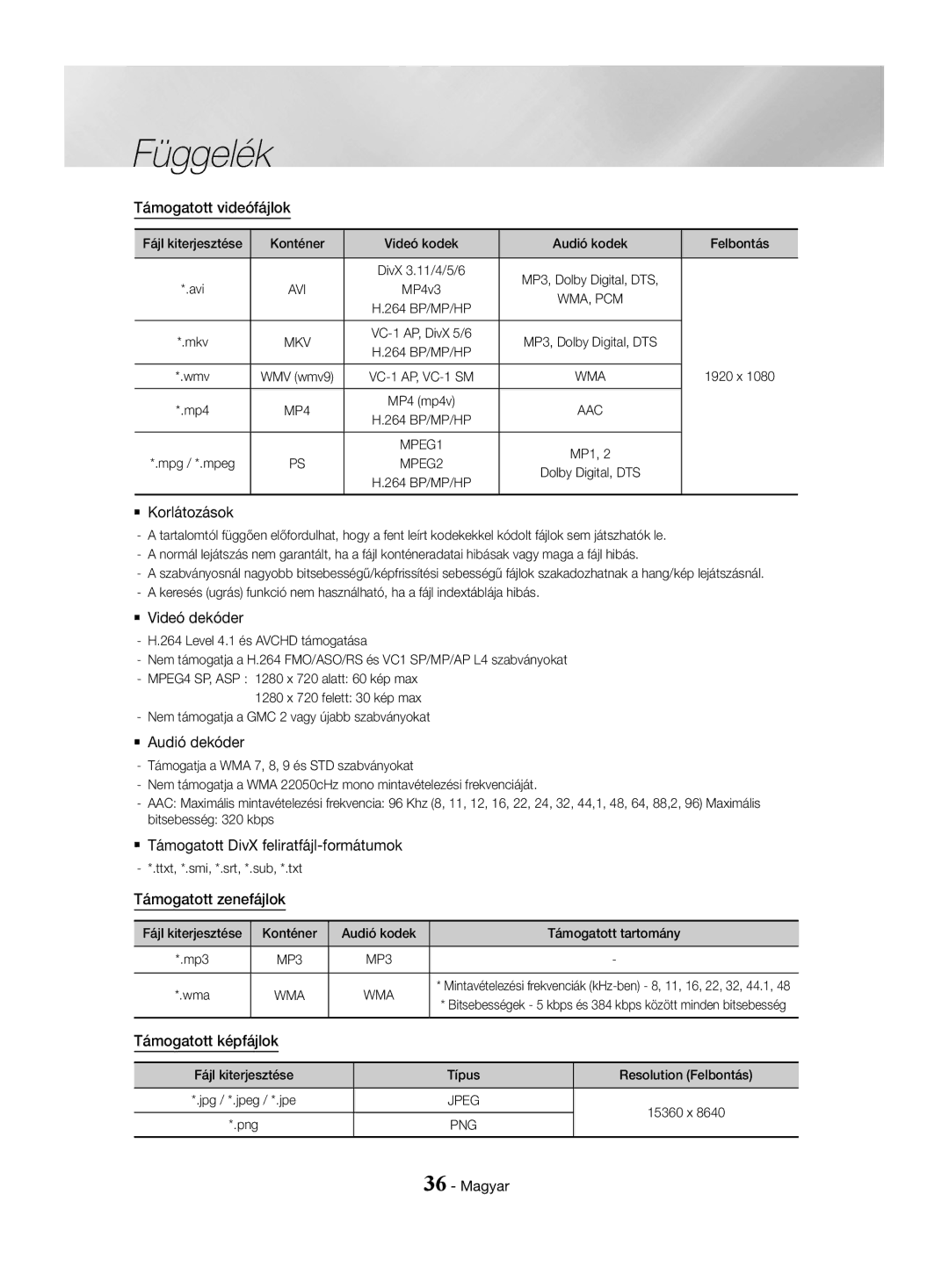 Samsung HT-J4530/EN Támogatott videófájlok, `` Korlátozások, `` Videó dekóder, `` Audió dekóder, Támogatott zenefájlok 