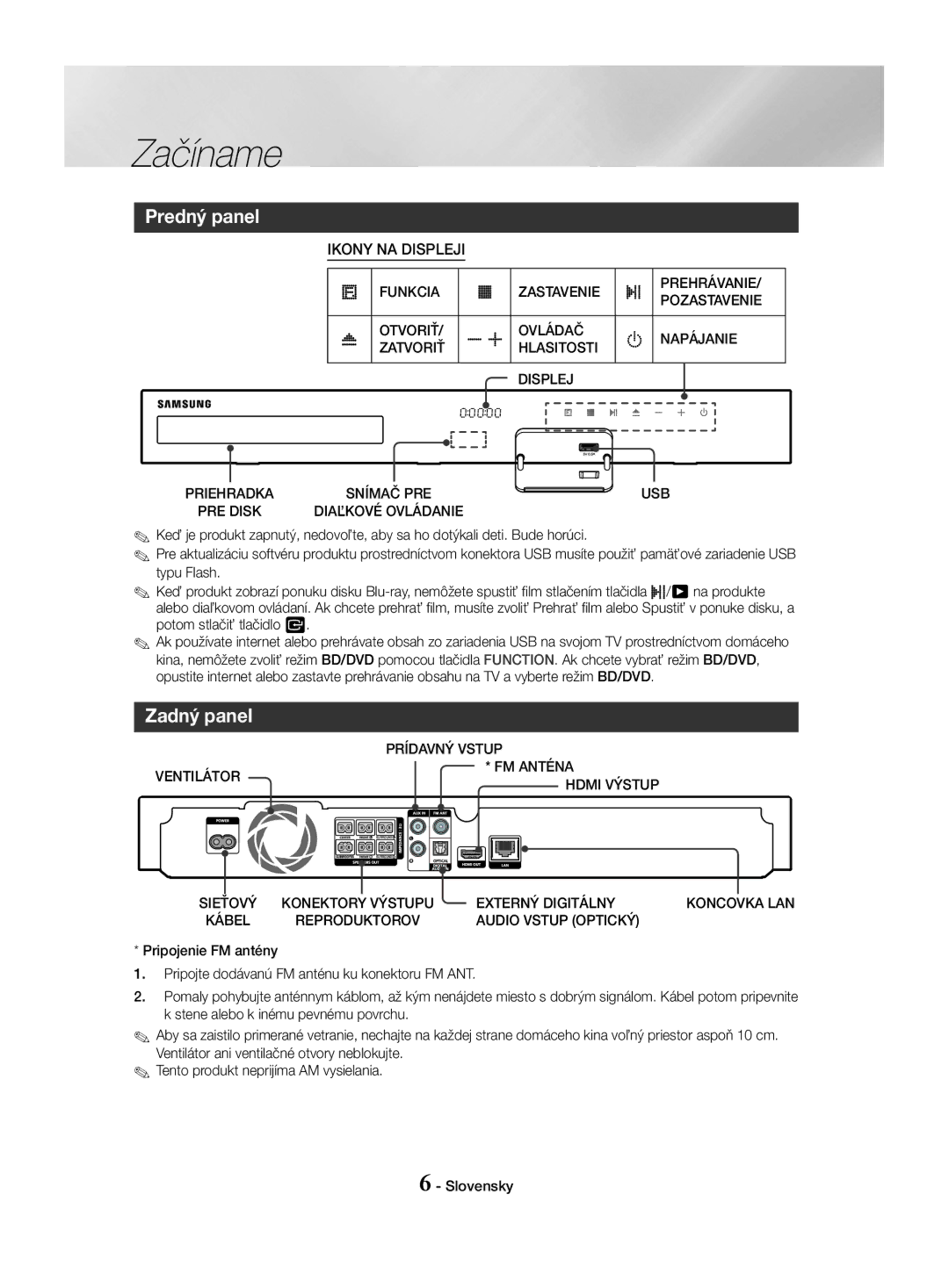 Samsung HT-J4500/EN, HT-J4550/EN, HT-J4530/EN manual Predný panel, Zadný panel, Ikony NA Displeji 