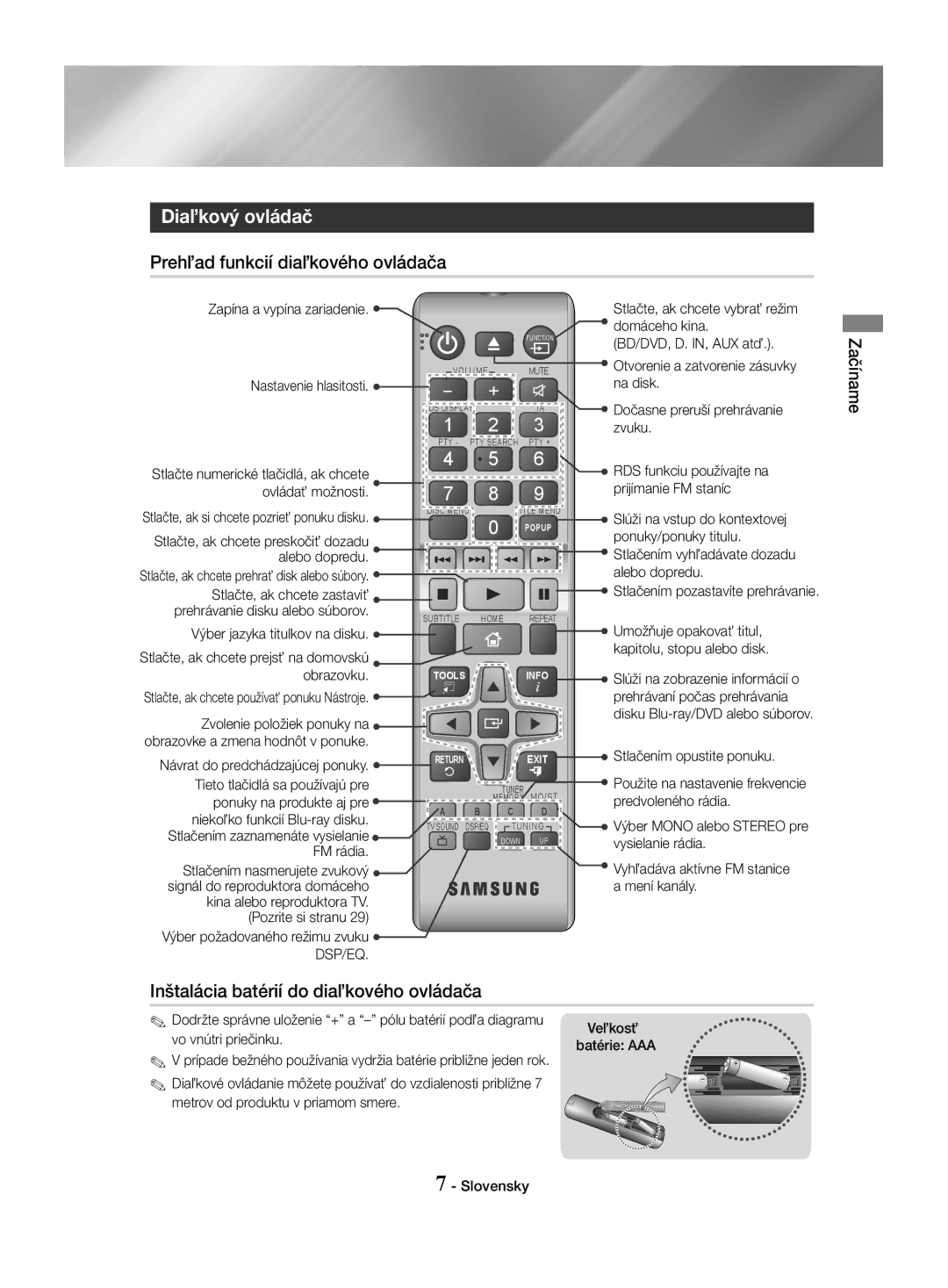 Samsung HT-J4550/EN manual Diaľkový ovládač, Prehľad funkcií diaľkového ovládača, Inštalácia batérií do diaľkového ovládača 