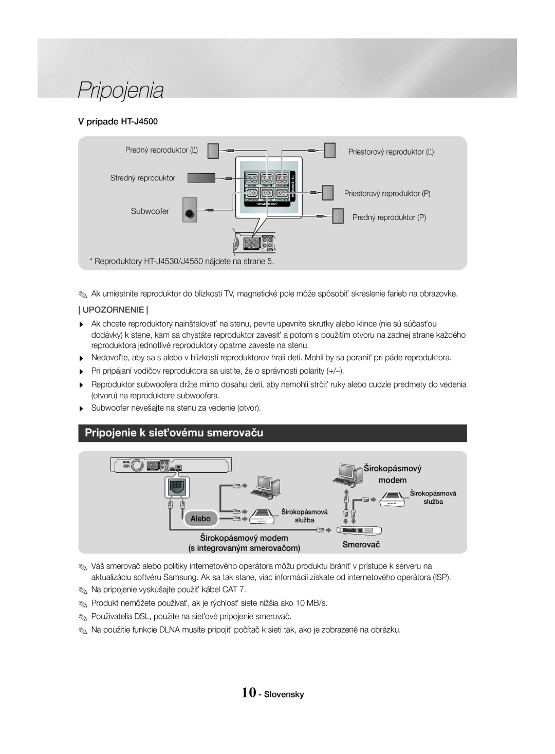 Samsung HT-J4550/EN, HT-J4530/EN, HT-J4500/EN manual Pripojenie k sieťovému smerovaču, Prípade HT-J4500, Smerovač 