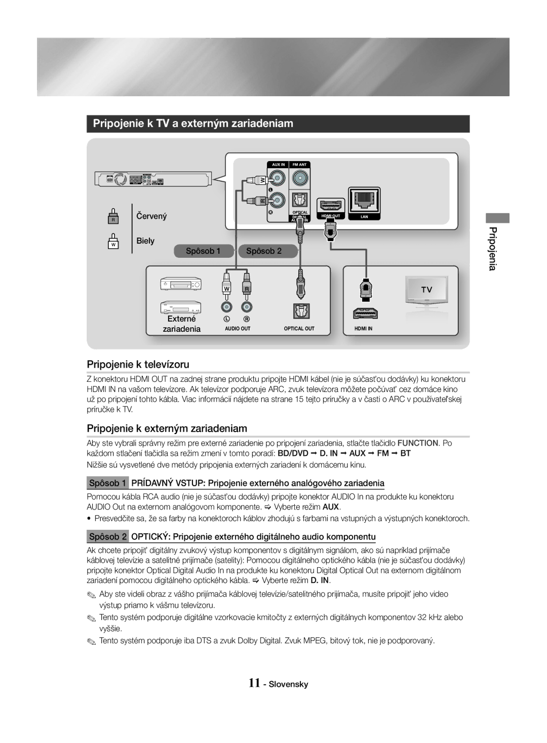 Samsung HT-J4530/EN Pripojenie k TV a externým zariadeniam, Pripojenie k televízoru, Pripojenie k externým zariadeniam 