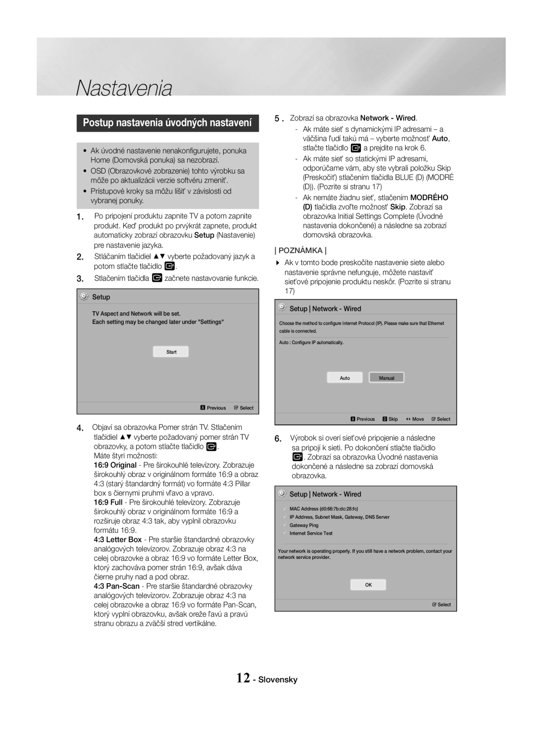 Samsung HT-J4500/EN, HT-J4550/EN, HT-J4530/EN manual Nastavenia, Postup nastavenia úvodných nastavení, Máte štyri možnosti 