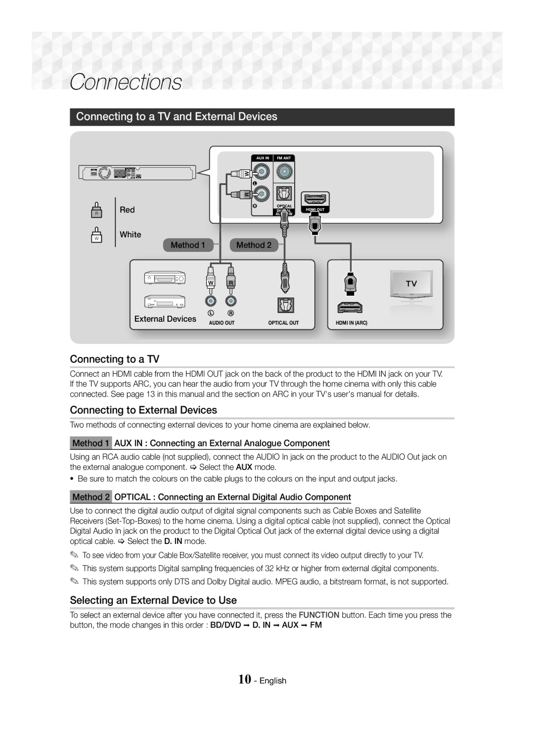 Samsung HT-J5100K/SQ manual Connecting to a TV and External Devices, Connecting to External Devices 