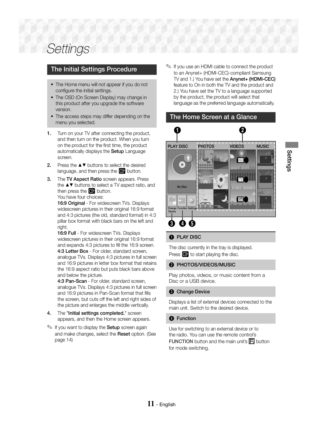 Samsung HT-J5100K/SQ manual Initial Settings Procedure, Home Screen at a Glance, Function, Play Disc Photos Videos Music 