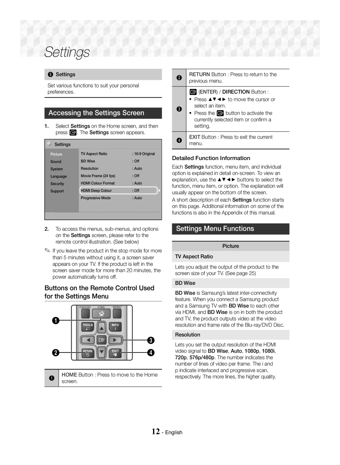 Samsung HT-J5100K/SQ manual Accessing the Settings Screen, Buttons on the Remote Control Used for the Settings Menu 