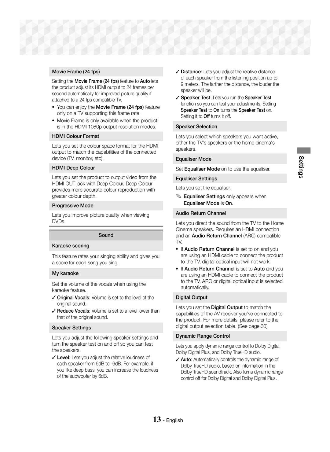 Samsung HT-J5100K/SQ manual Movie Frame 24 fps, Dynamic Range Control 