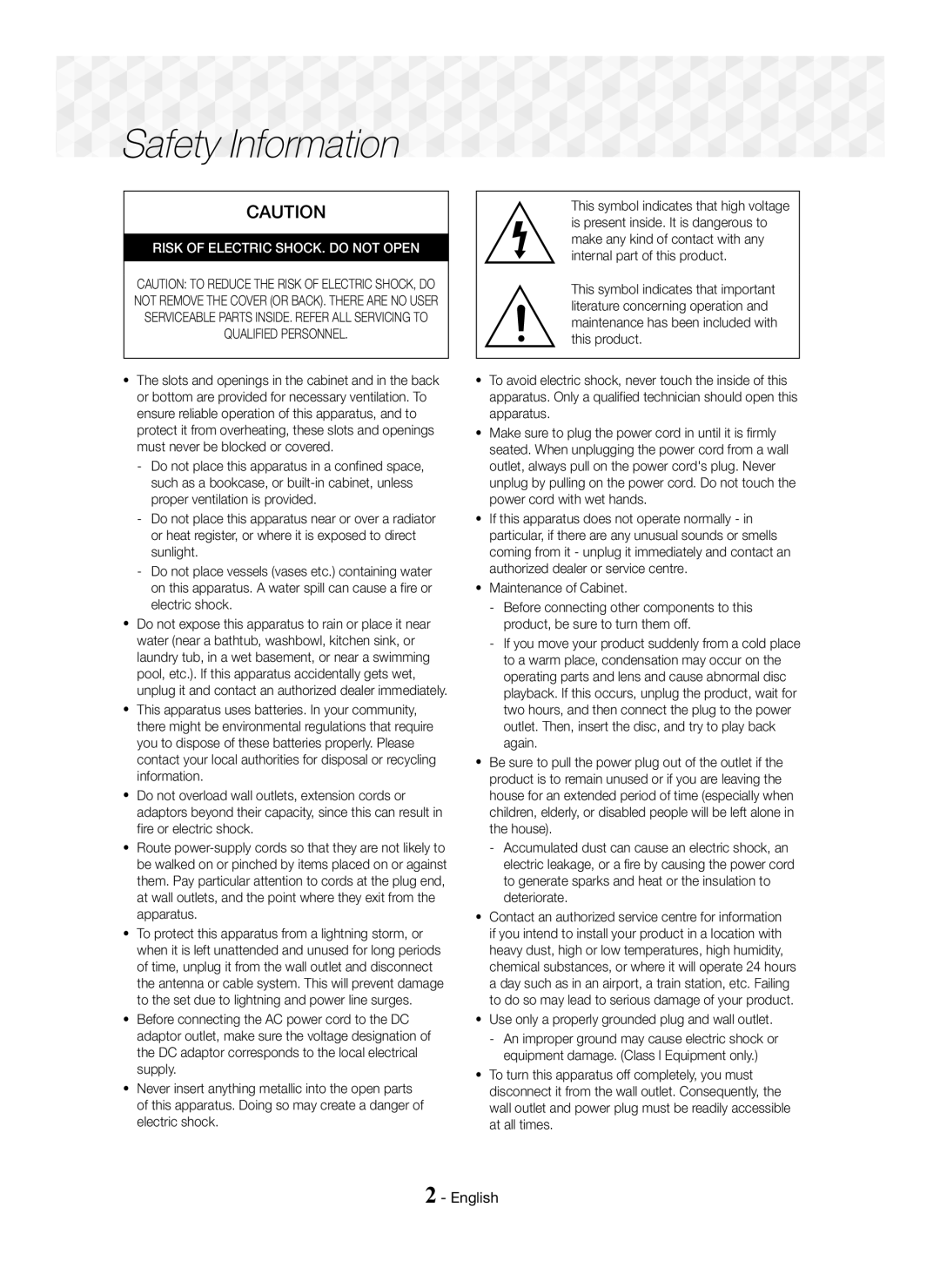 Samsung HT-J5100K/SQ manual Safety Information, English, ~ Use only a properly grounded plug and wall outlet 