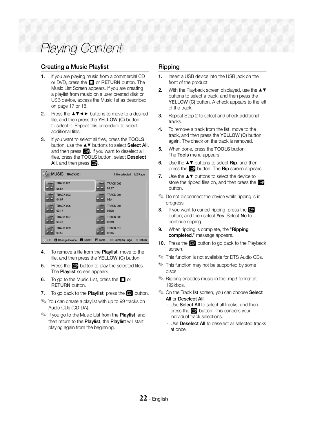 Samsung HT-J5100K/SQ manual Creating a Music Playlist, Ripping, When done, press the Tools button. The Tools menu appears 