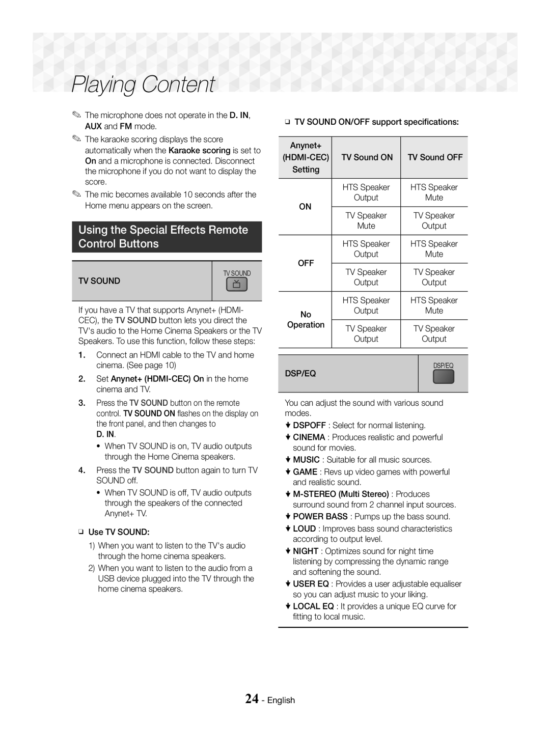 Samsung HT-J5100K/SQ manual Using the Special Effects Remote Control Buttons, Hdmi-Cec, Off 