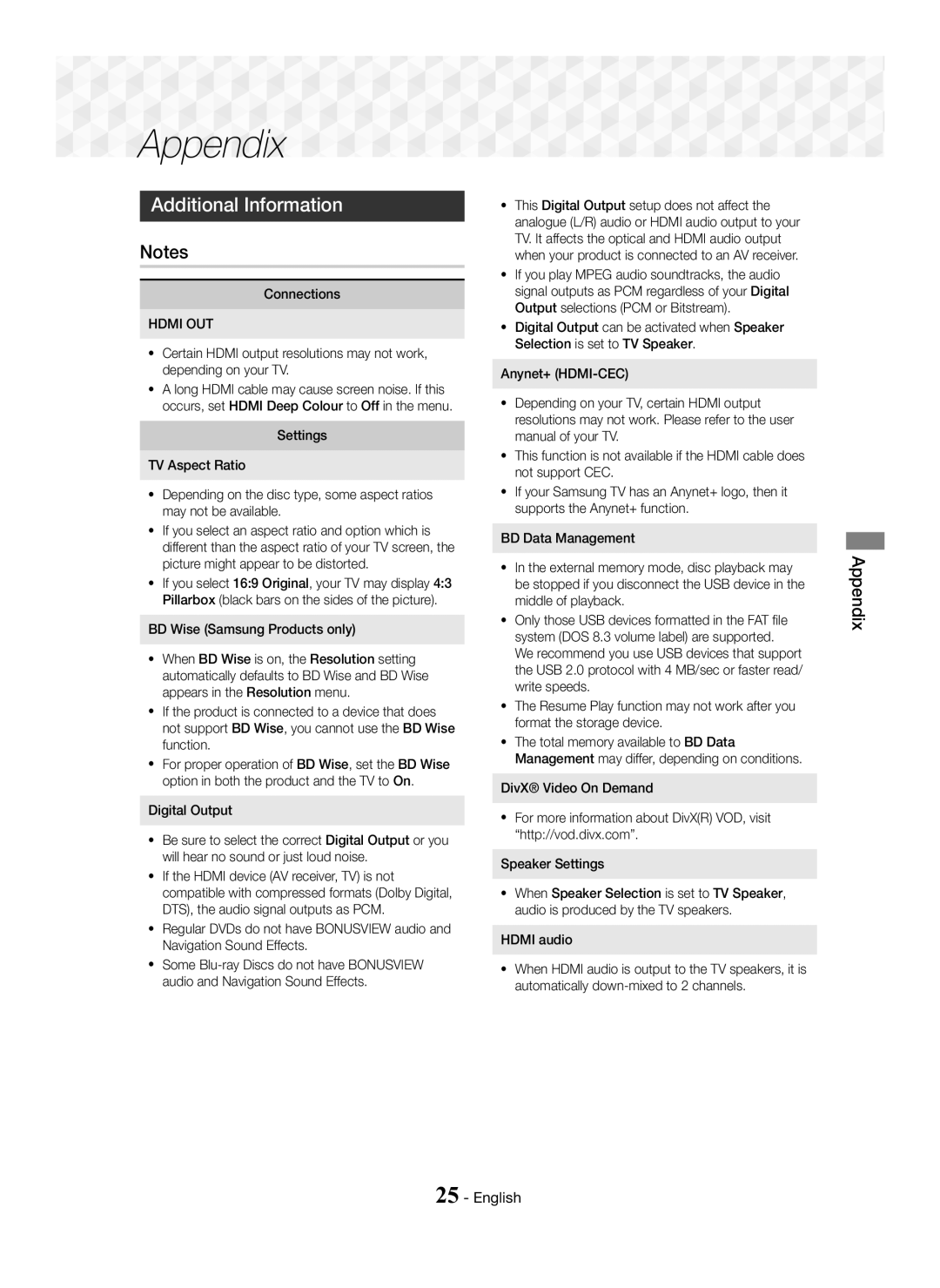 Samsung HT-J5100K/SQ manual Appendix, Additional Information, Connections, Hdmi OUT 