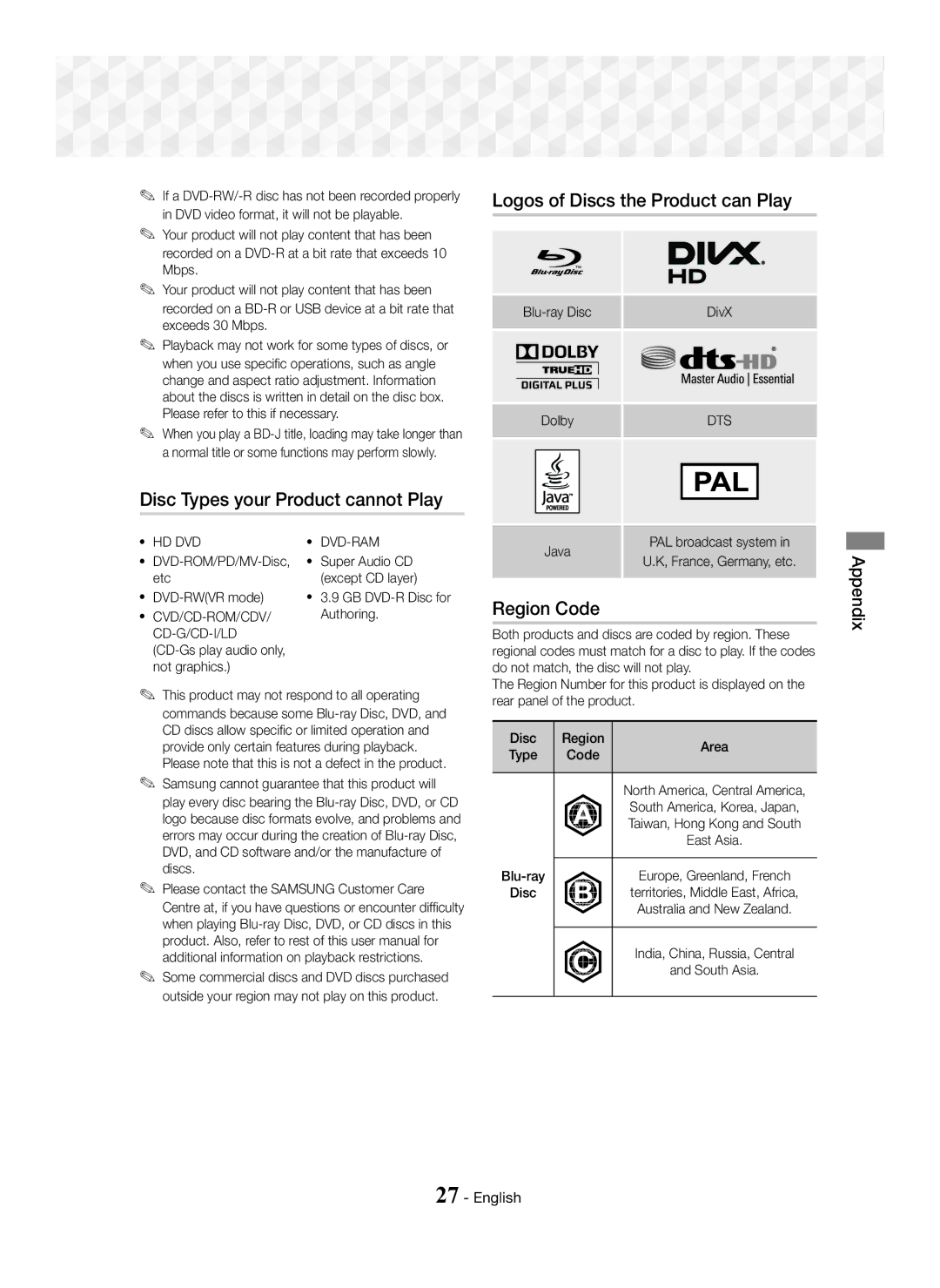 Samsung HT-J5100K/SQ manual Region Code, Dts, Cvd/Cd-Rom/Cdv, Cd-G/Cd-I/Ld 