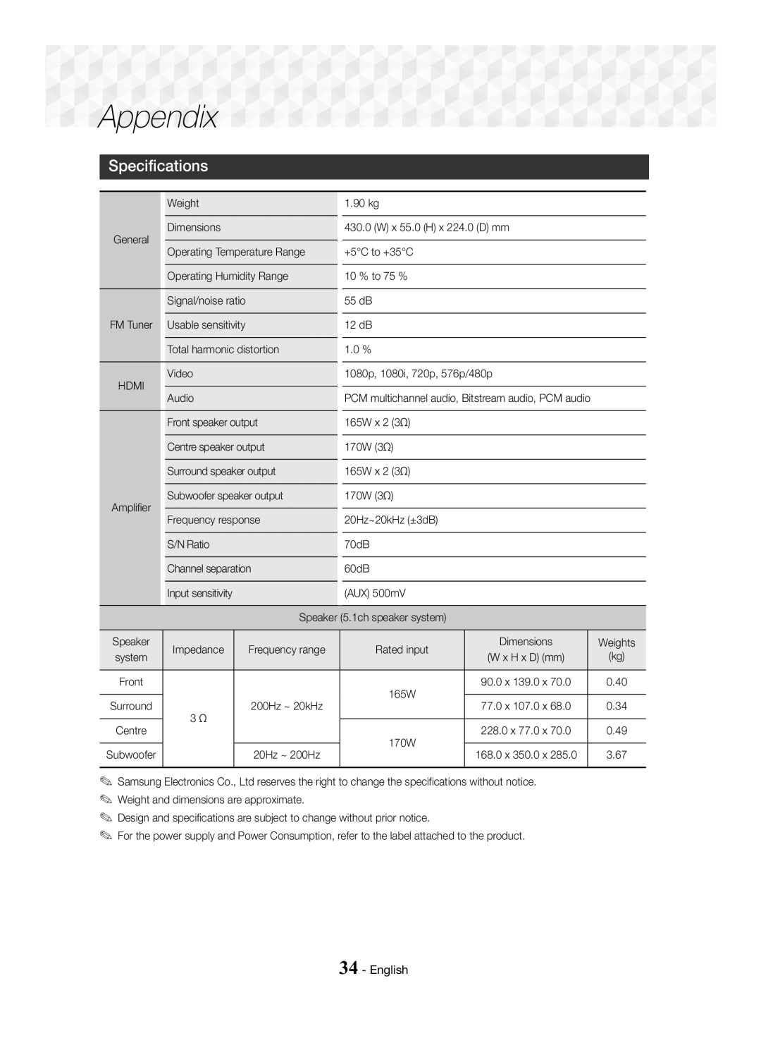 Samsung HT-J5100K/SQ manual Specifications 