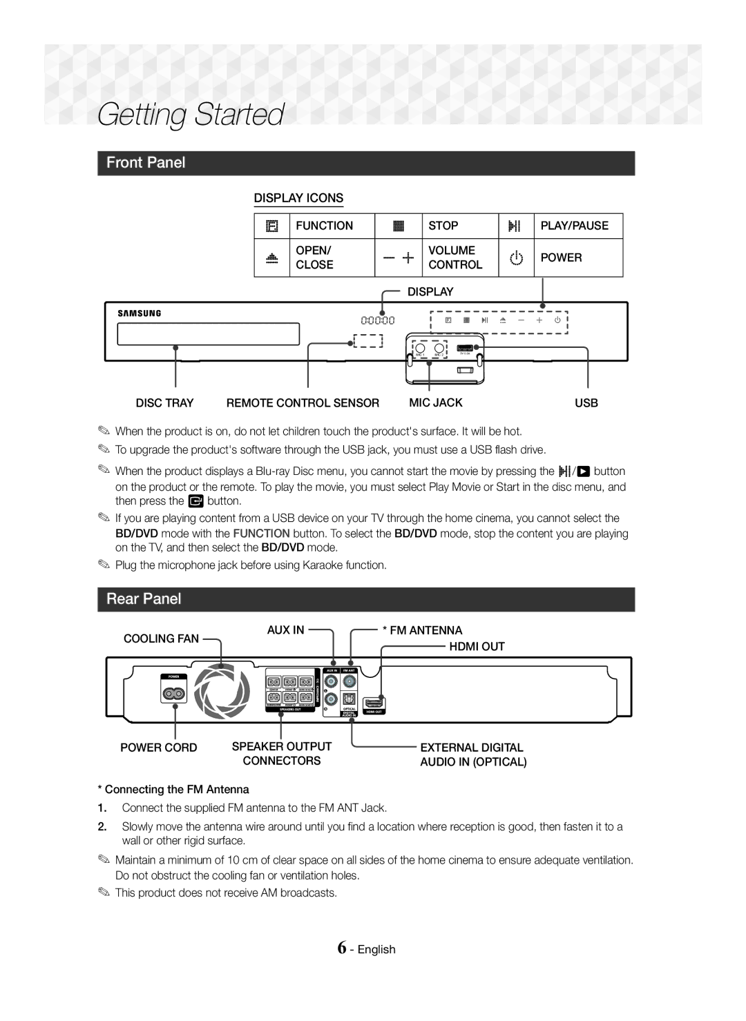 Samsung HT-J5100K/SQ manual Getting Started, Front Panel, Rear Panel, Stop PLAY/PAUSE 