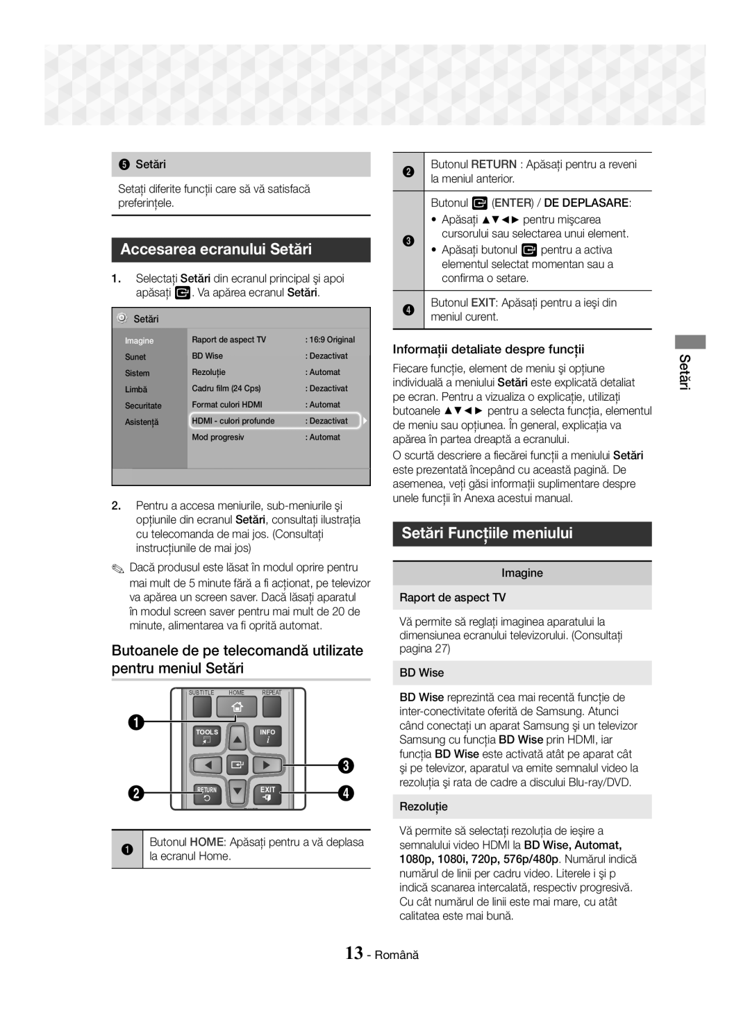 Samsung HT-J5150/EN manual Accesarea ecranului Setări, Butoanele de pe telecomandă utilizate pentru meniul Setări 