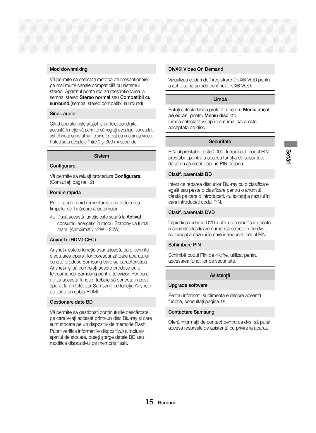 Samsung HT-J5150/EN manual Mod downmixing, Sincr. audio, Gestionare date BD, DivX Video On Demand, Clasif. parentală BD 