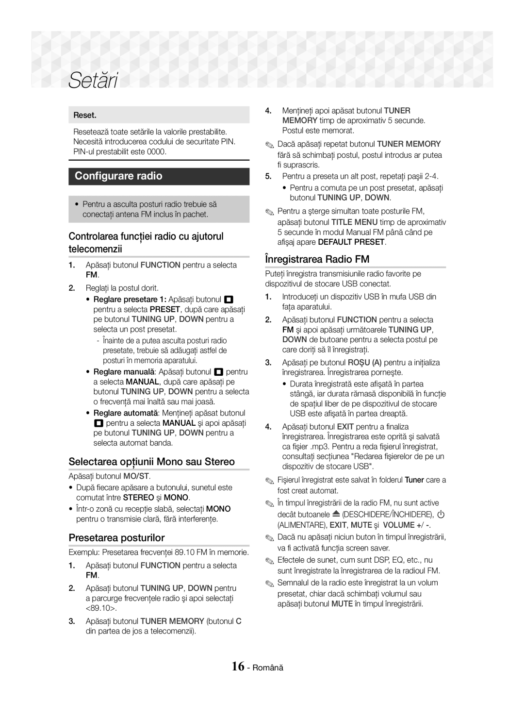 Samsung HT-J5150/EN manual Configurare radio, Controlarea funcţiei radio cu ajutorul telecomenzii, Presetarea posturilor 