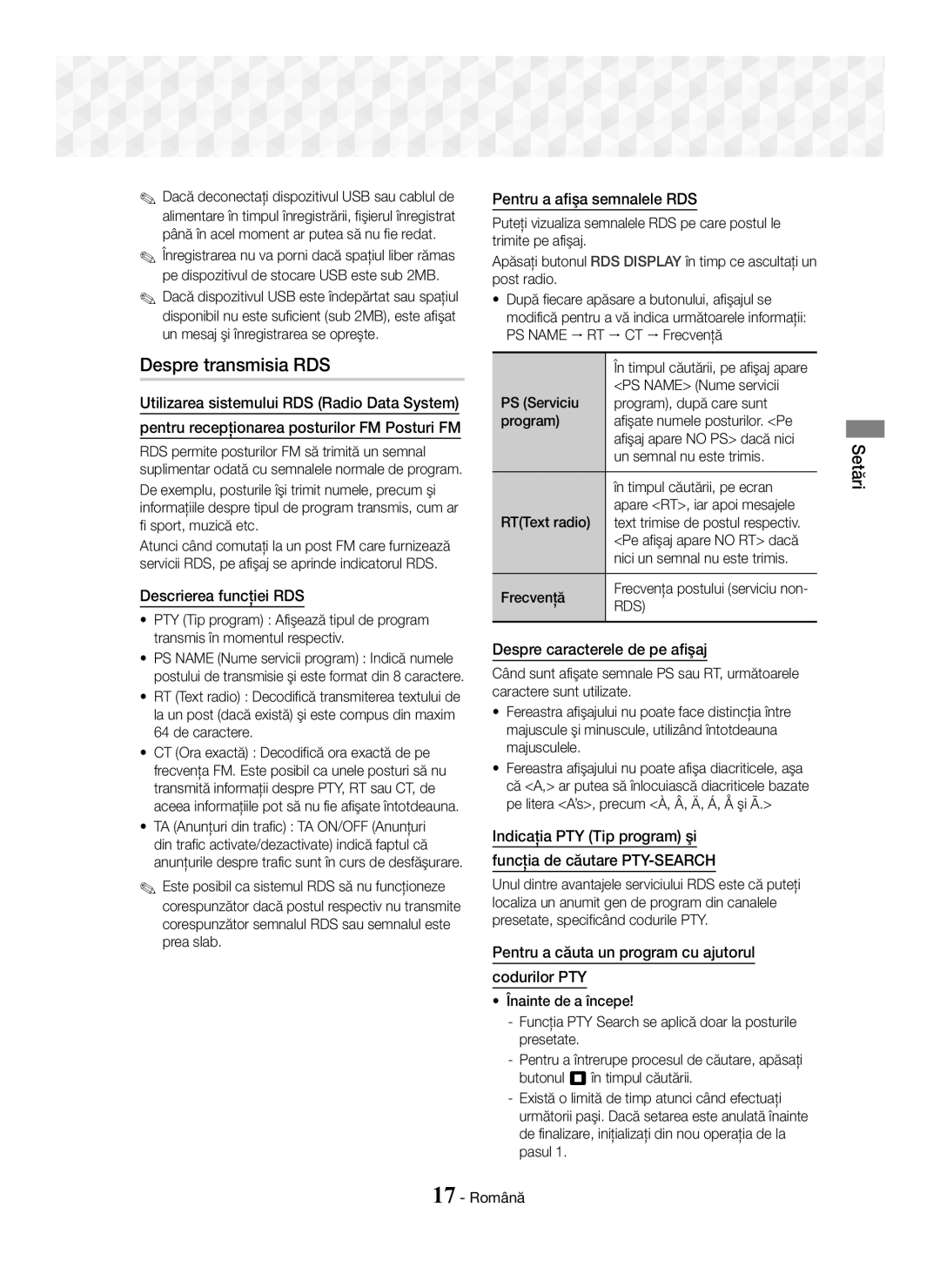 Samsung HT-J5150/EN manual Despre transmisia RDS, Descrierea funcţiei RDS, Despre caracterele de pe afişaj 