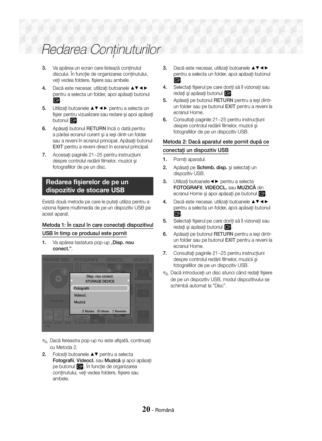 Samsung HT-J5150/EN manual Redarea fişierelor de pe un Dispozitiv de stocare USB 