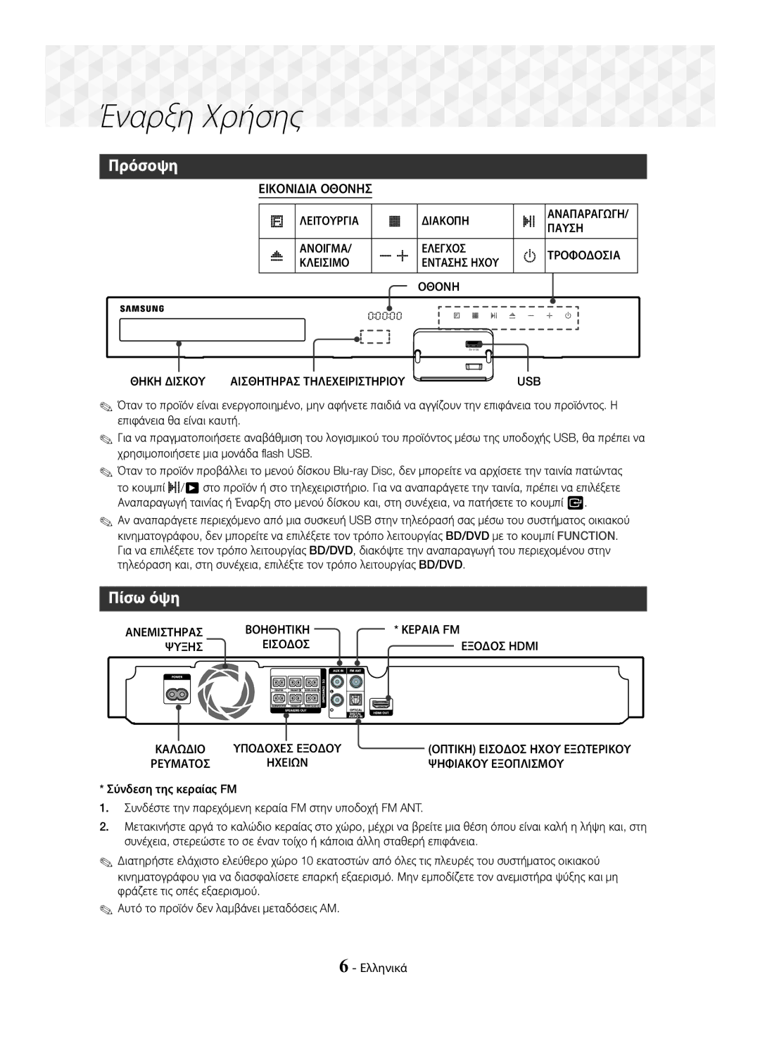 Samsung HT-J5150/EN manual Έναρξη Χρήσης, Πρόσοψη, Πίσω όψη, Εικονιδια Οθονησ 