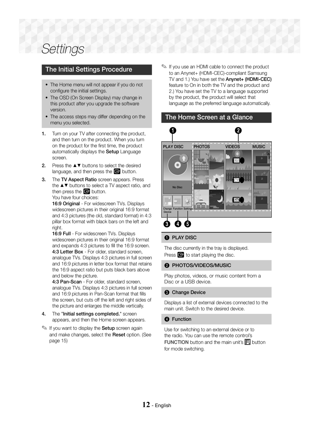 Samsung HT-J5150K/UM manual Initial Settings Procedure, Home Screen at a Glance, Function, Play Disc Photos Videos Music 