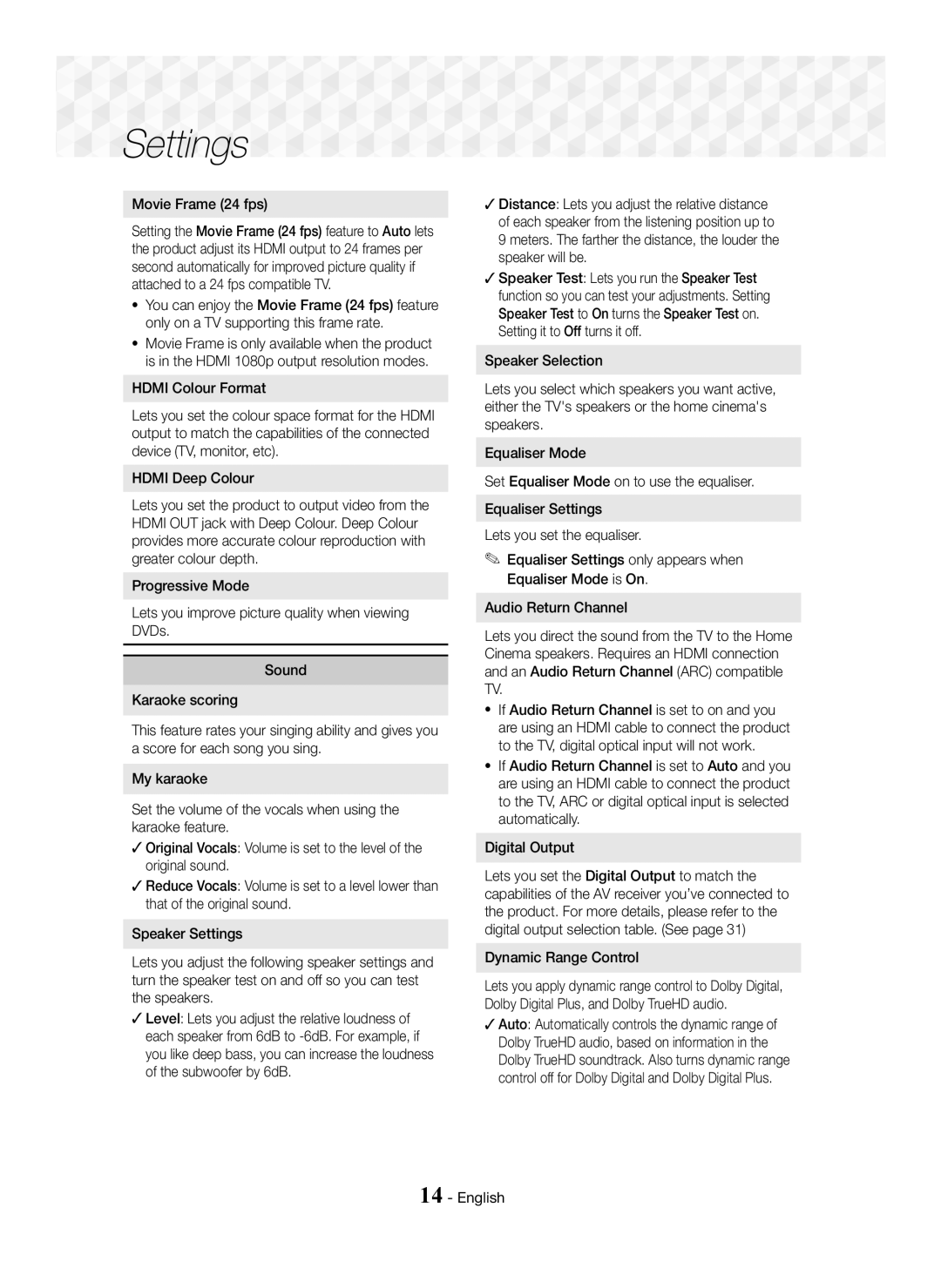 Samsung HT-J5150K/UM, HT-J5100K/UM manual Movie Frame 24 fps, Dynamic Range Control 