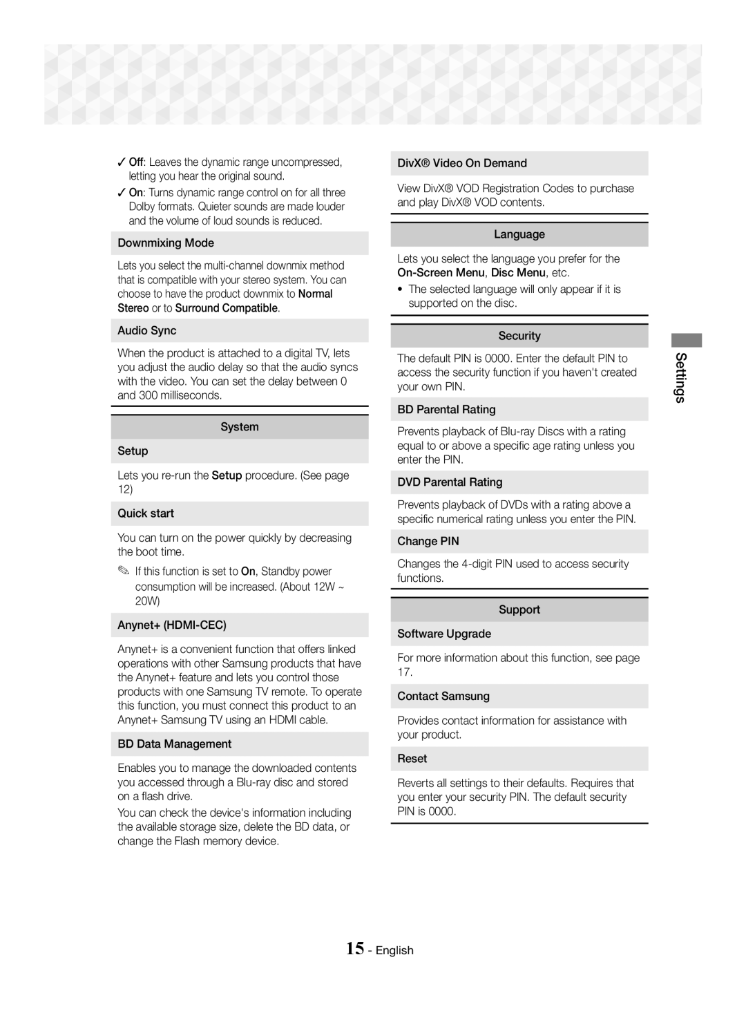 Samsung HT-J5100K/UM, HT-J5150K/UM manual Downmixing Mode 