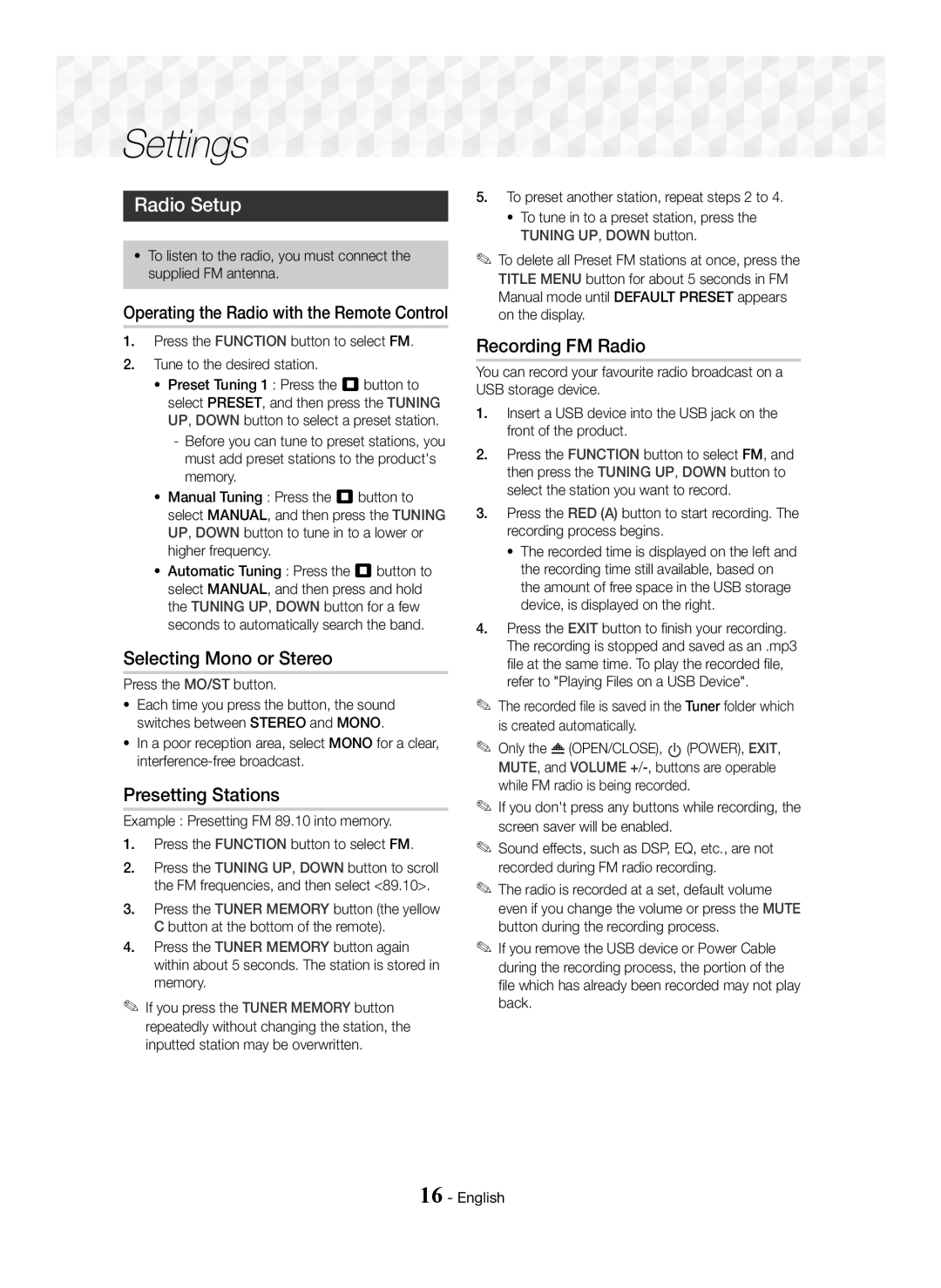 Samsung HT-J5150K/UM, HT-J5100K/UM manual Radio Setup, Selecting Mono or Stereo, Presetting Stations, Recording FM Radio 