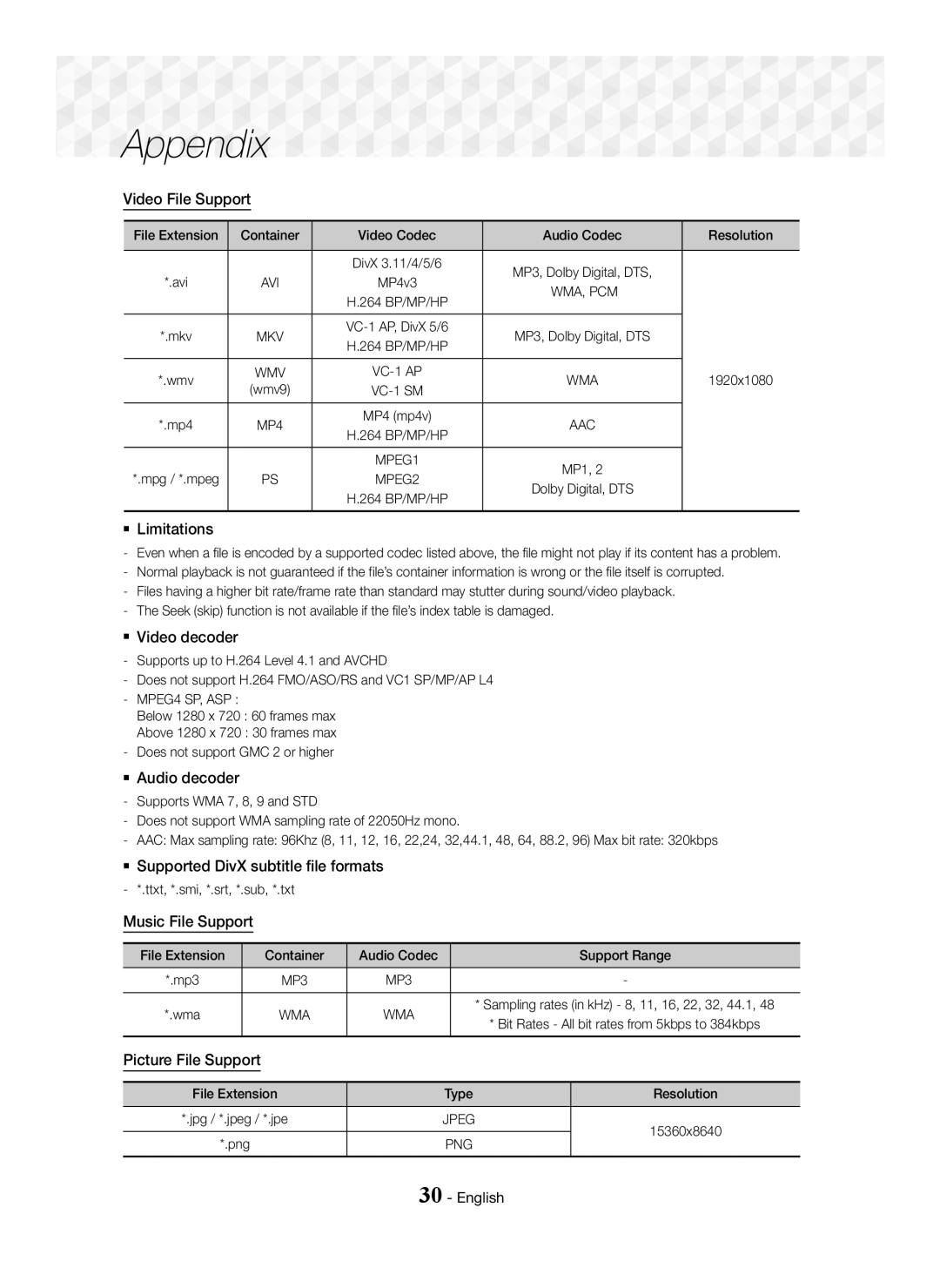 Samsung HT-J5150K/UM, HT-J5100K/UM Video File Support,  Limitations,  Video decoder,  Audio decoder, Music File Support 