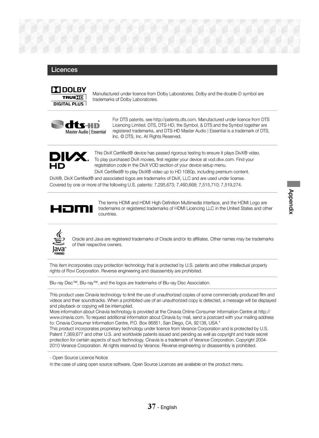 Samsung HT-J5100K/UM, HT-J5150K/UM manual Licences 