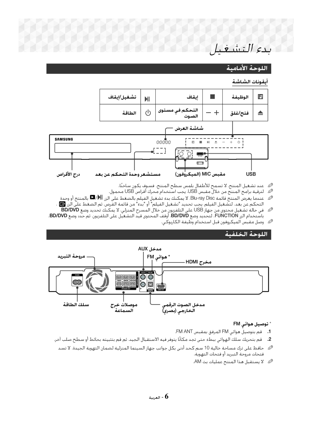 Samsung HT-J5100K/UM manual ﺔﻴﻣﺎﻣﻷﺍ ﺔﺣﻮﻠﻟﺍ, ﺔﻴﻔﻠﺨﻟﺍ ﺔﺣﻮﻠﻟﺍ, ﺔﺷﺎﺸﻟﺍ ﺕﺎﻧﻮﻘﻳﺃ, AUX ﻞﺧﺪﻣ ﺪﻳﺮﺒﺘﻟﺍ ﺔﺣﻭﺮﻣ FM ﻲﺋﺍﻮﻫ Hdmi ﺝﺮﺨﻣ 