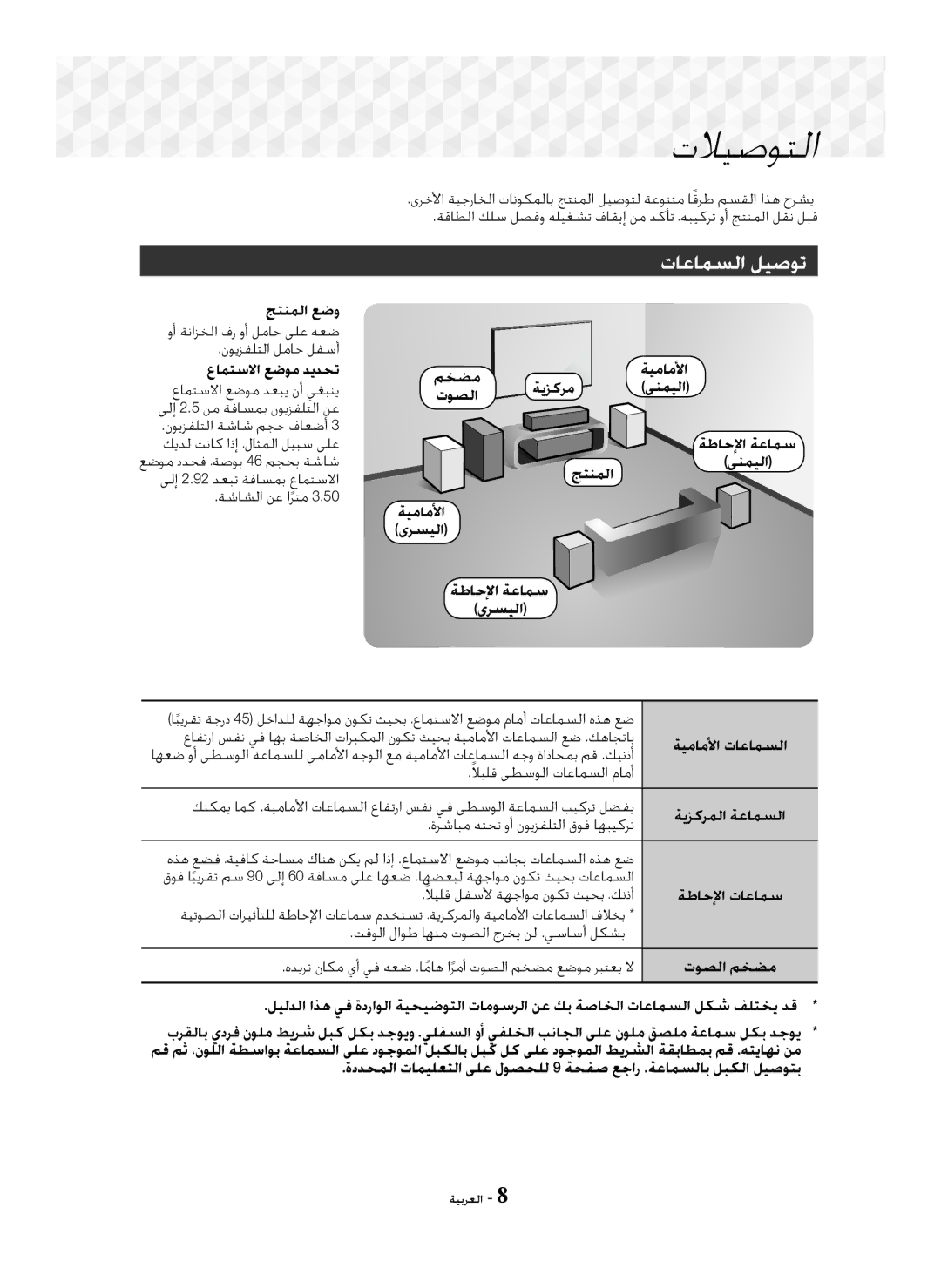 Samsung HT-J5100K/UM, HT-J5150K/UM manual ﺕﻼﻴﺻﻮﺘﻟﺍ, ﺕﺎﻋﺎﻤﺴﻟﺍ ﻞﻴﺻﻮﺗ 