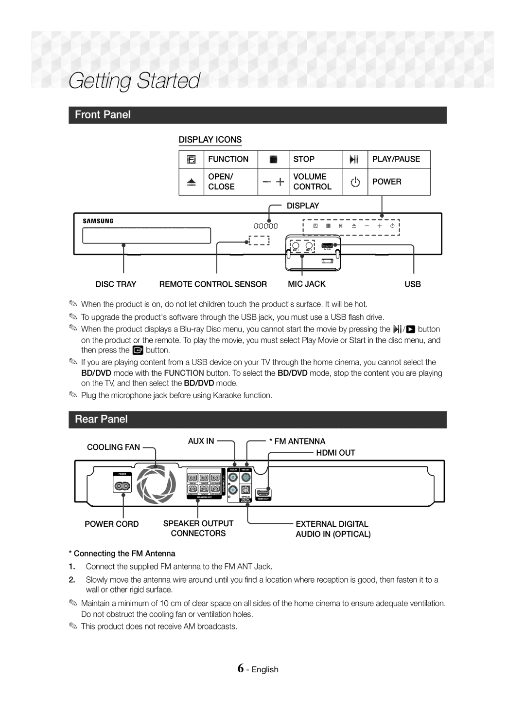 Samsung HT-J5150K/UM Front Panel, Rear Panel, Play/Pause, Usb, Speaker Output External Digital Connectors Audio in Optical 