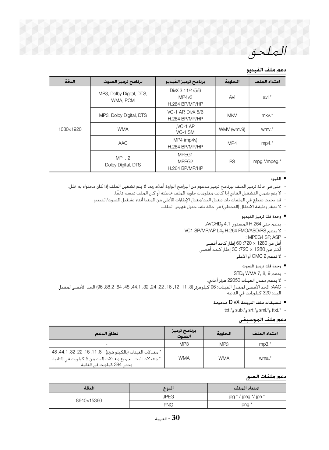 Samsung HT-J5100K/UM manual ﻮﻳﺪﻴﻔﻟﺍ ﻒﻠﻣ ﻢﻋﺩ, ﺩﻮﻴﻘﻟﺍ , ﻮﻳﺪﻴﻔﻟﺍ ﺰﻴﻣﺮﺗ ﻚﻓ ﺓﺪﺣﻭ , ﺕﻮﺼﻟﺍ ﺰﻴﻣﺮﺗ ﻚﻓ ﺓﺪﺣﻭ , ﻰﻘﻴﺳﻮﻤﻟﺍ ﻒﻠﻣ ﻢﻋﺩ 