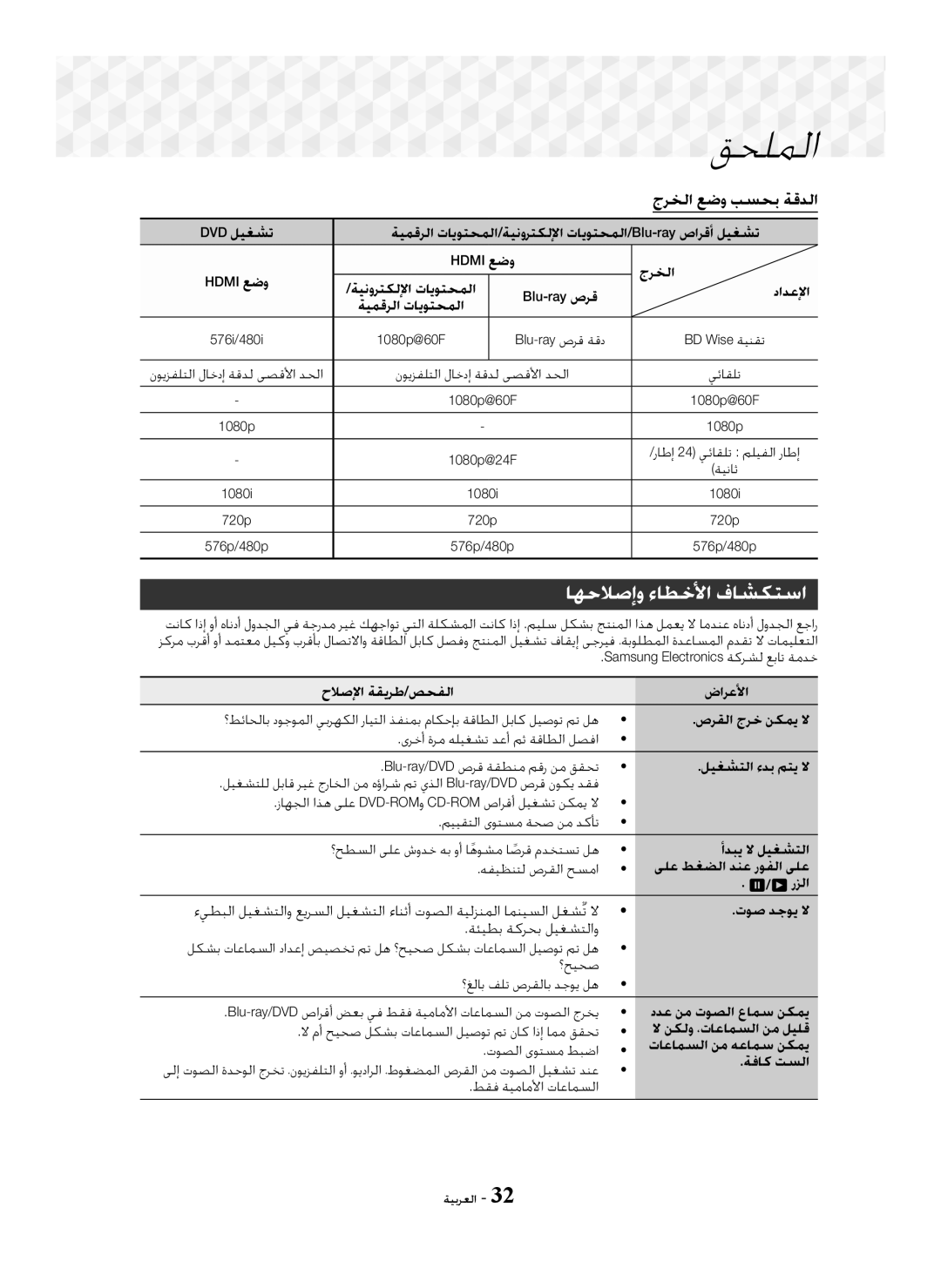 Samsung HT-J5100K/UM, HT-J5150K/UM manual ﺎﻬﺣﻼﺻﺇﻭ ﺀﺎﻄﺧﻷﺍ ﻑﺎﺸﻜﺘﺳﺍ, ﺝﺮﺨﻟﺍ ﻊﺿﻭ ﺐﺴﺤﺑ ﺔﻗﺪﻟﺍ, ﺔﺌﻴﻄﺑ ﺔﻛﺮﺤﺑ ﻞﻴﻐﺸﺘﻟﺍﻭ 