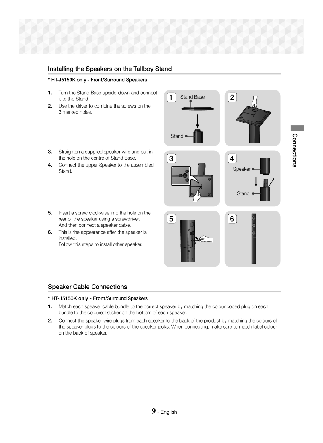 Samsung HT-J5100K/UM, HT-J5150K/UM manual Installing the Speakers on the Tallboy Stand, Speaker Cable Connections 