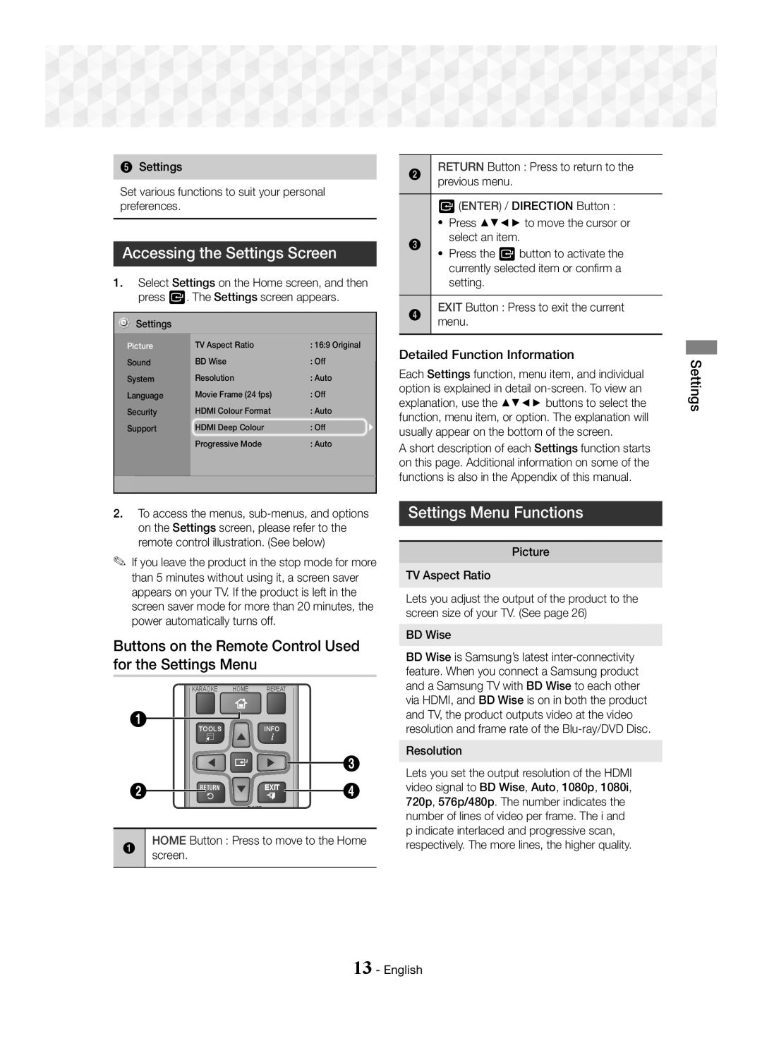 Samsung HT-J5150K/XV manual Accessing the Settings Screen, Buttons on the Remote Control Used for the Settings Menu 