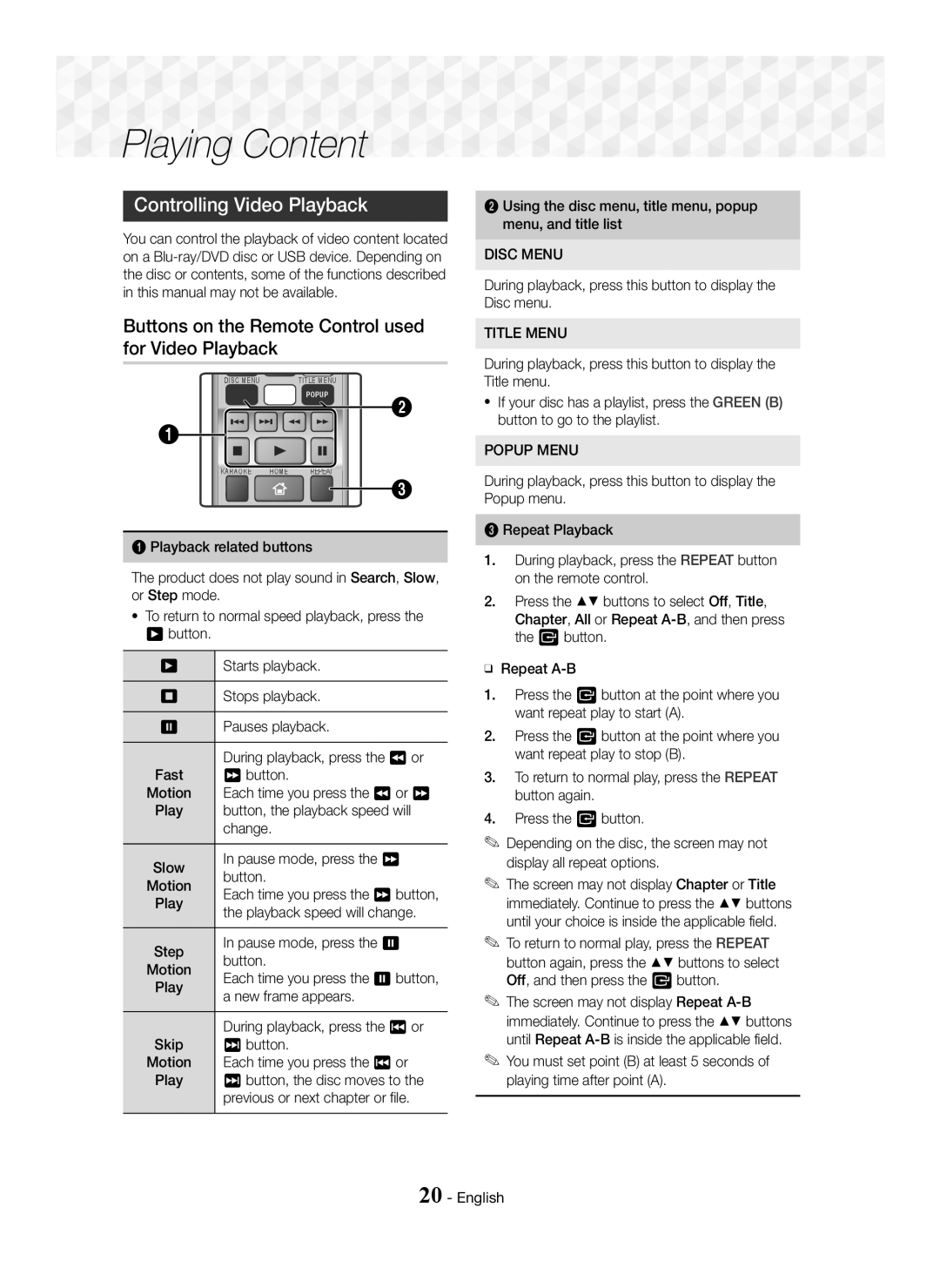 Samsung HT-J5150K/XV manual Controlling Video Playback, Buttons on the Remote Control used for Video Playback 