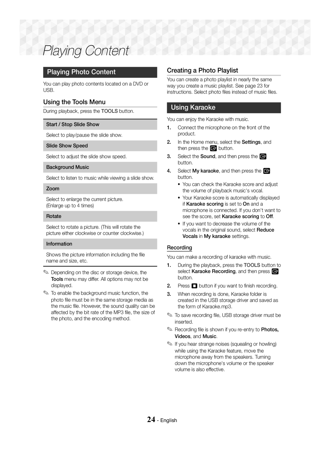 Samsung HT-J5150K/XV manual Playing Photo Content, Creating a Photo Playlist, Using Karaoke, Recording 