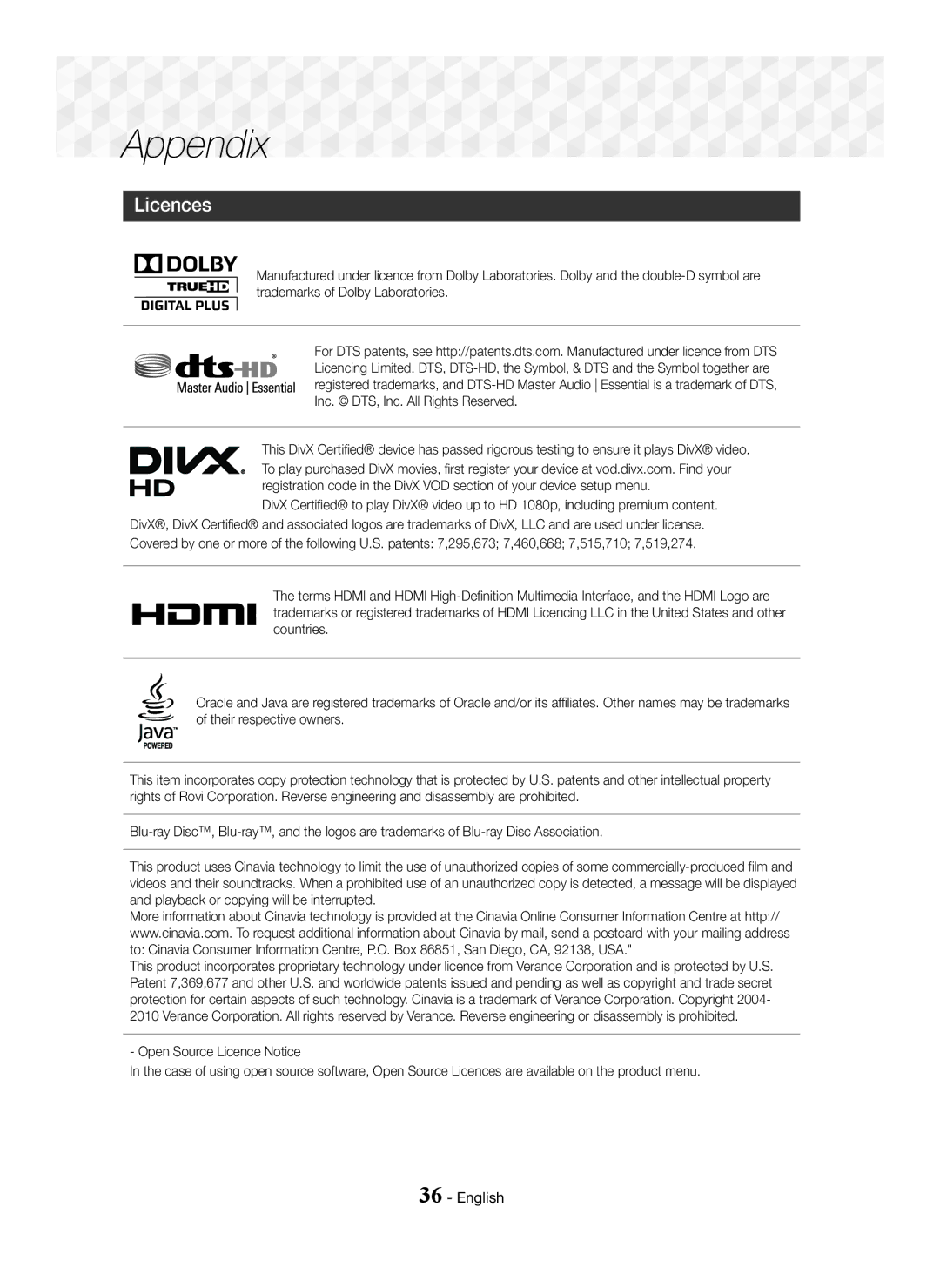 Samsung HT-J5150K/XV manual Licences 